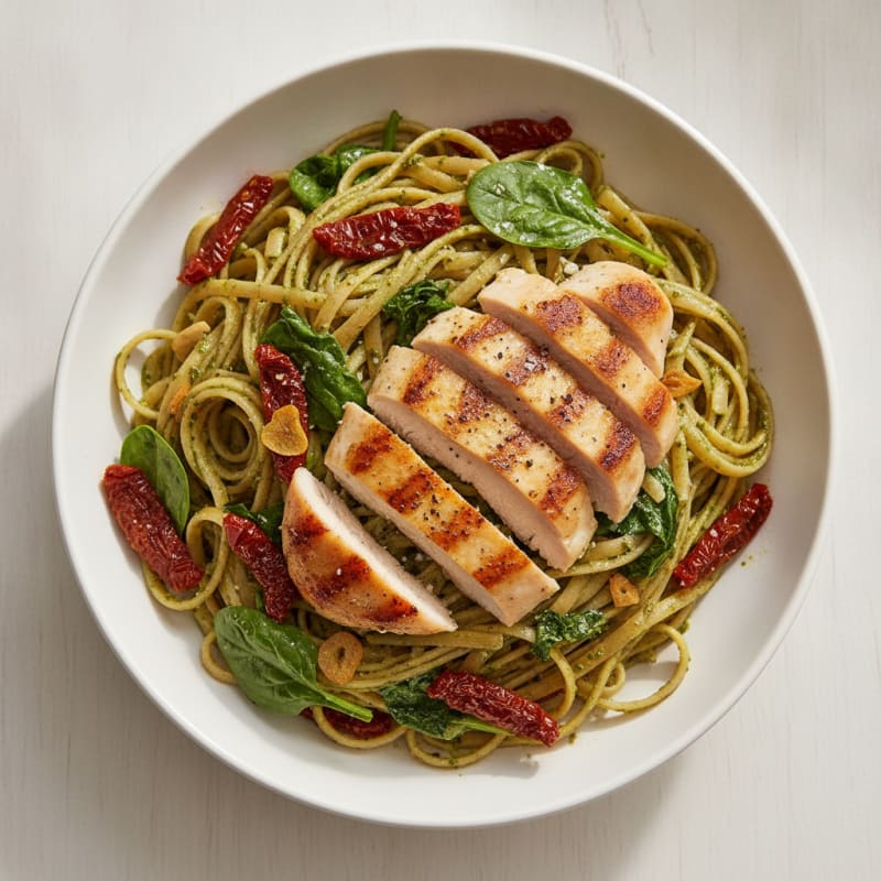 Pesto Chicken Linguine with Sun-Dried Tomatoes