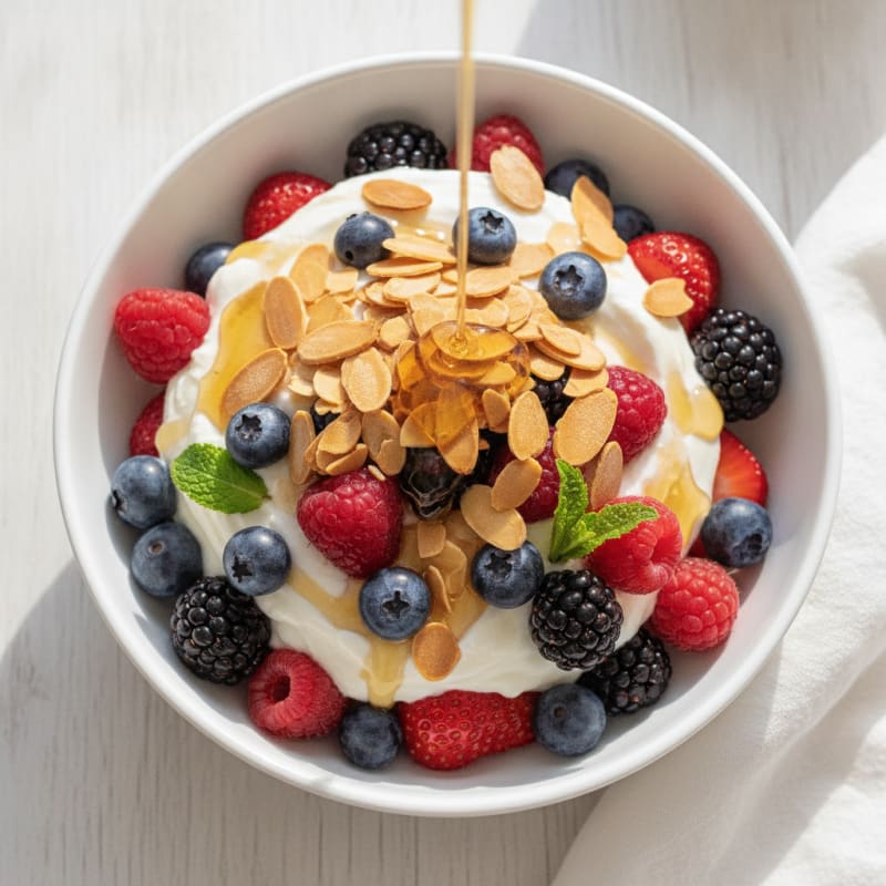 Greek Yogurt Protein Parfait with Mixed Berries and Almonds