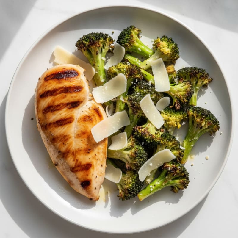 Grilled Chicken Breast with Roasted Broccoli and Shaved Parmesan