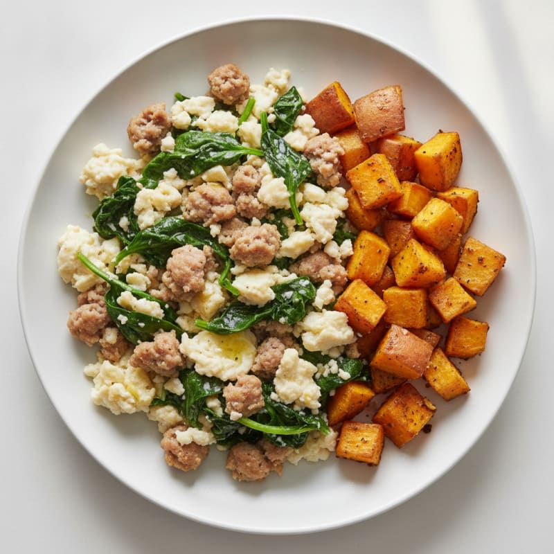 Egg White and Turkey Sausage Scramble with Spinach and Roasted Sweet Potatoes