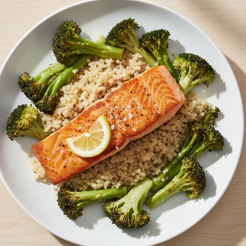 Seared Salmon with Roasted Broccoli and Quinoa