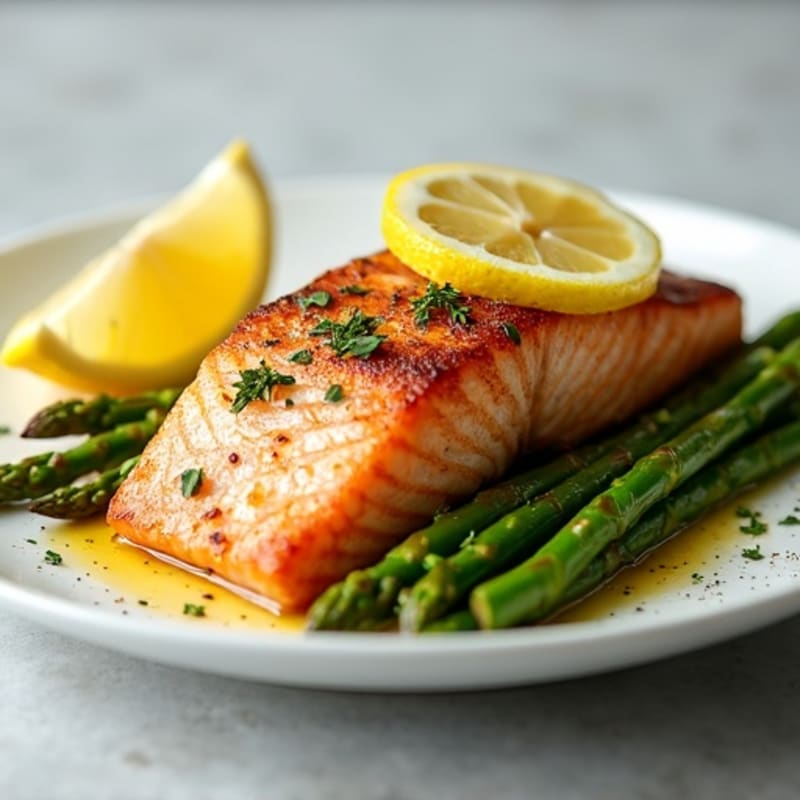 Seared Salmon Fillet with Steamed Asparagus and Lemon