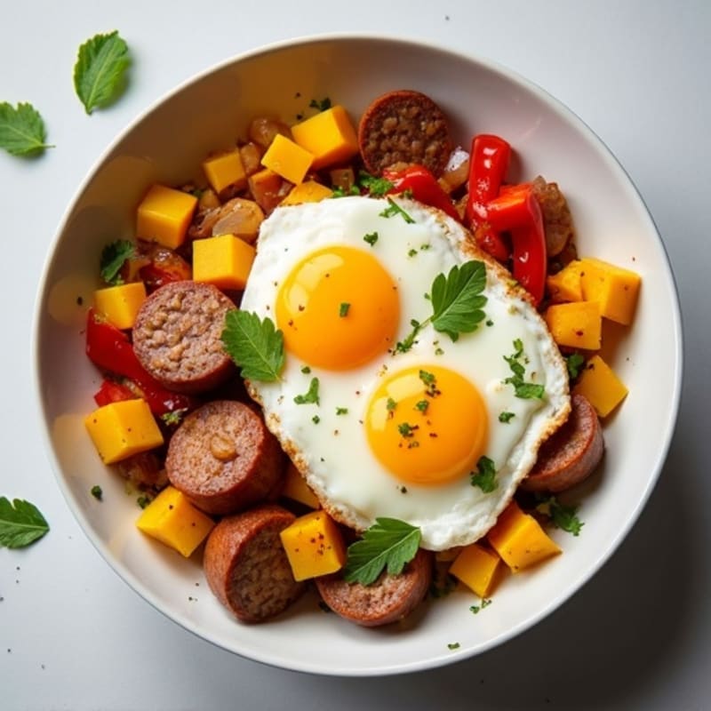 Egg White and Turkey Sausage Hash with Sweet Plantain and Fresh Mango