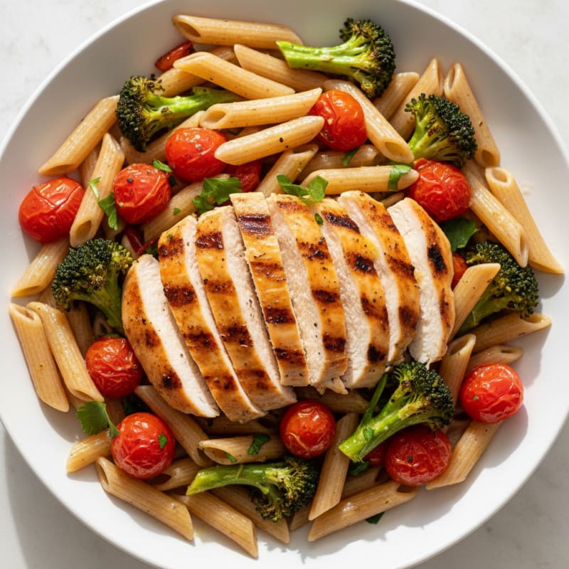 Grilled Chicken Pasta Salad with Roasted Broccoli and Cherry Tomatoes