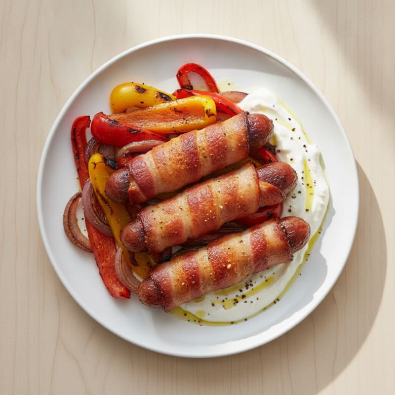 Bacon-Wrapped Hot Dogs with Grilled Peppers