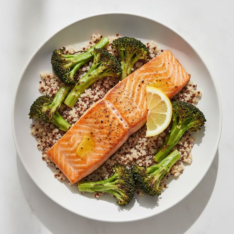 Seared Salmon Fillet with Roasted Broccoli and Quinoa