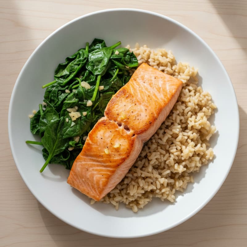 Seared Salmon with Garlic Spinach and Brown Rice