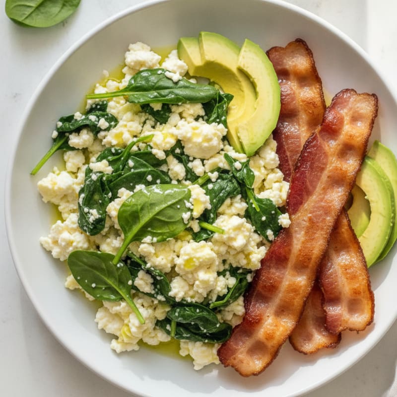 Cottage Cheese Scramble with Spinach and Turkey Bacon