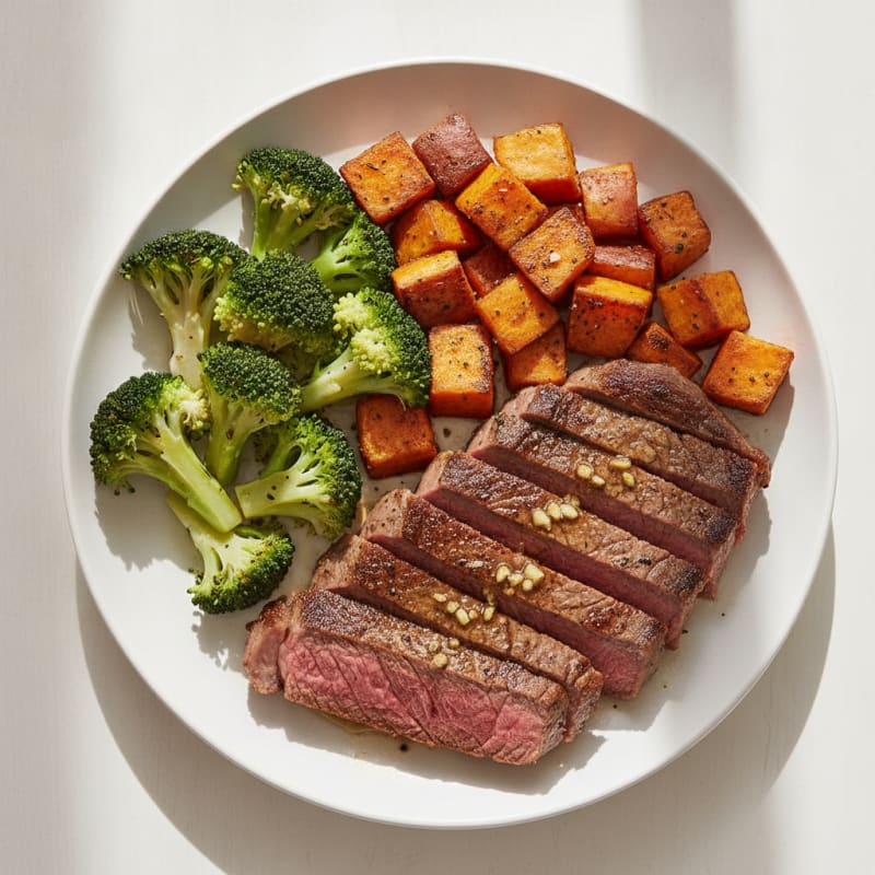 Seared Lean Beef with Roasted Sweet Potatoes and Steamed Broccoli