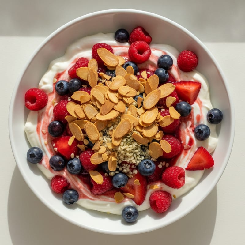 Greek Yogurt Protein Parfait with Mixed Berries and Almonds