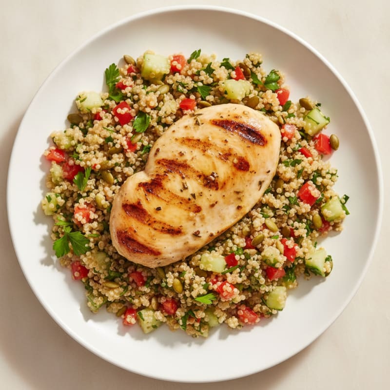 Grilled Chicken Breast with Crunchy Veggie Quinoa Salad