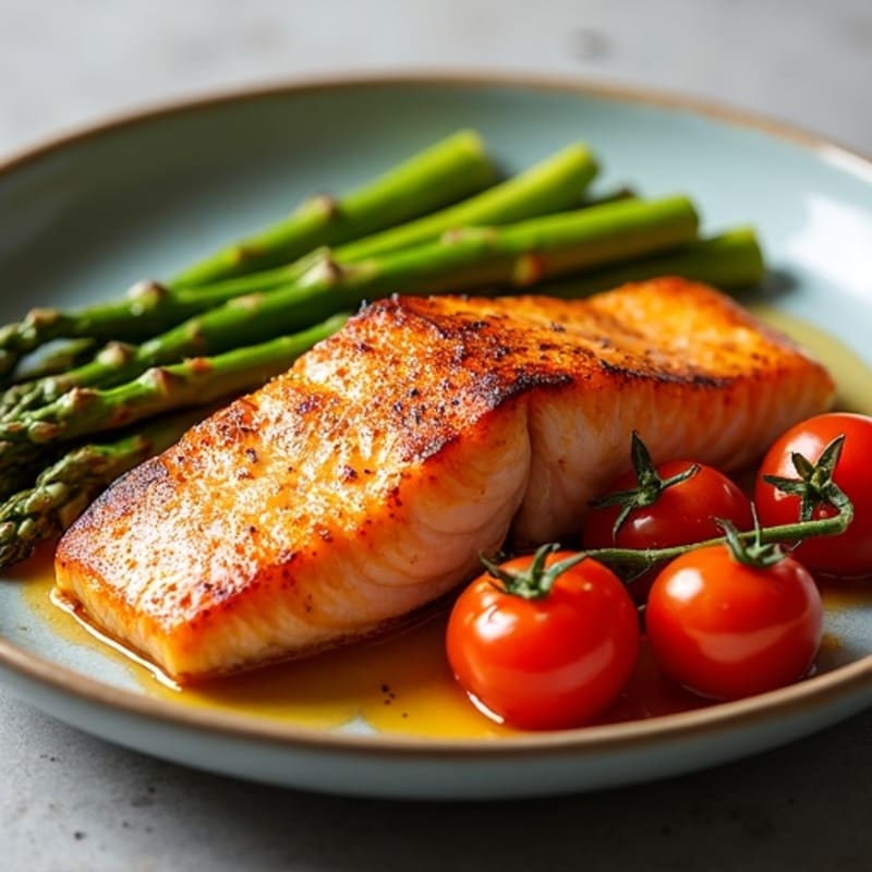 Crispy Pan-Seared Salmon with Roasted Asparagus and Cherry Tomatoes