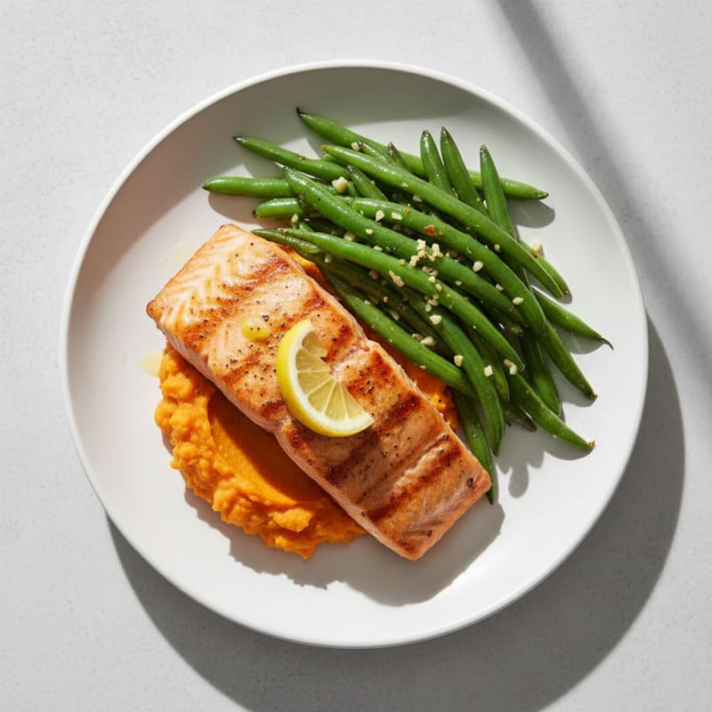 Seared Salmon with Garlic Green Beans and Sweet Potato Mash