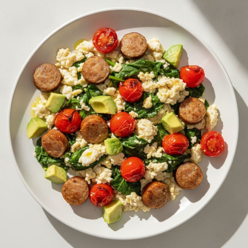 Egg White and Turkey Sausage Scramble with Spinach and Tomatoes