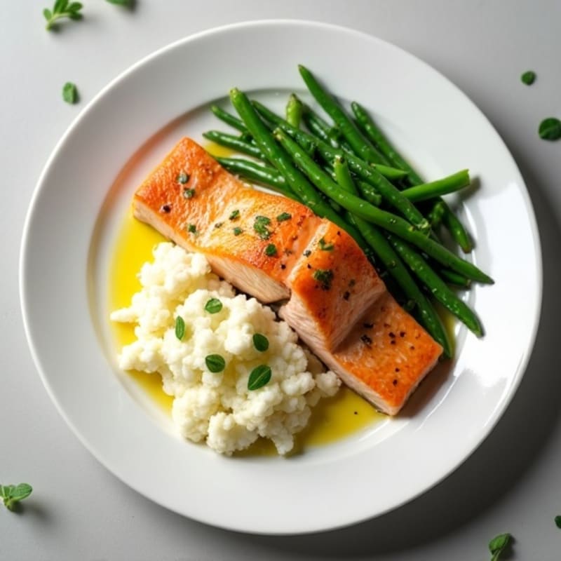 Seared Salmon with Garlic Green Beans and Mashed Cauliflower