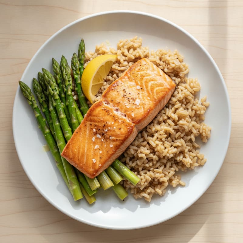 Seared Salmon with Steamed Asparagus and Brown Rice