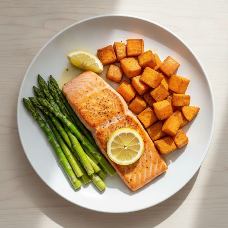 Seared Salmon with Roasted Sweet Potato and Asparagus