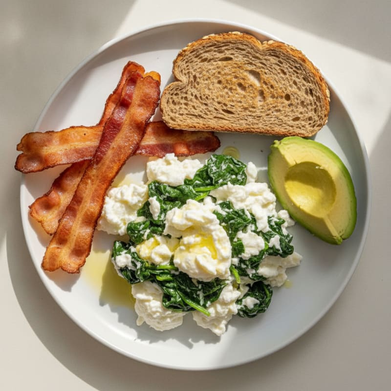 Crispy Turkey Bacon and Egg White Scramble with Sautéed Spinach