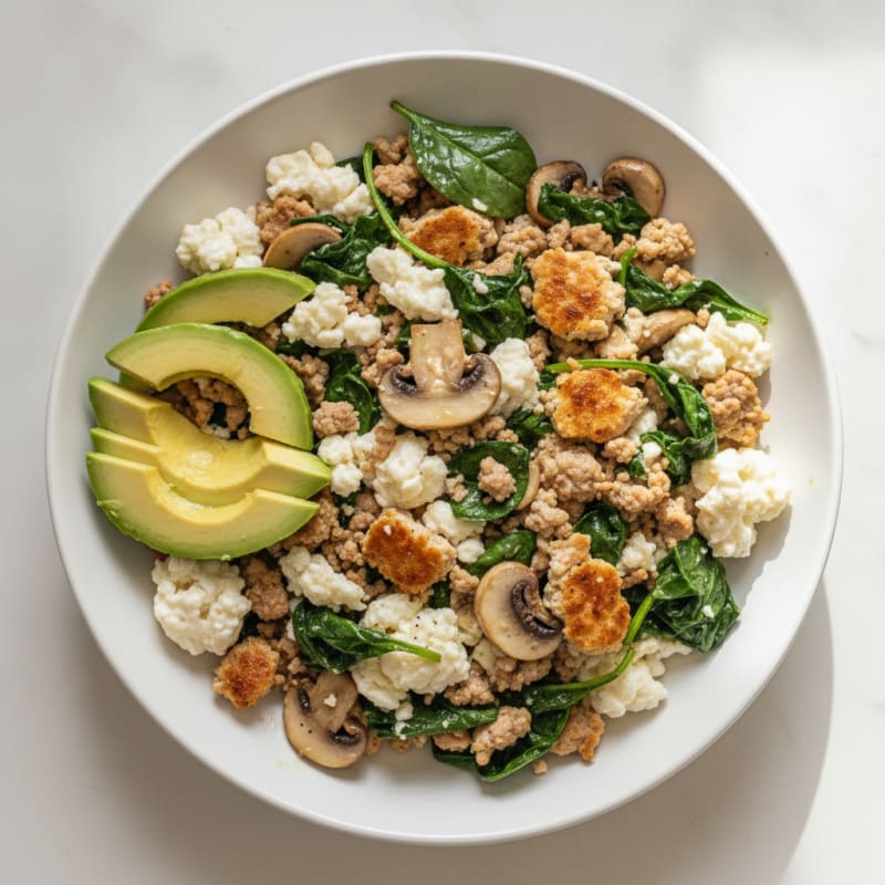 Egg White and Turkey Spinach Scramble with Sautéed Mushrooms