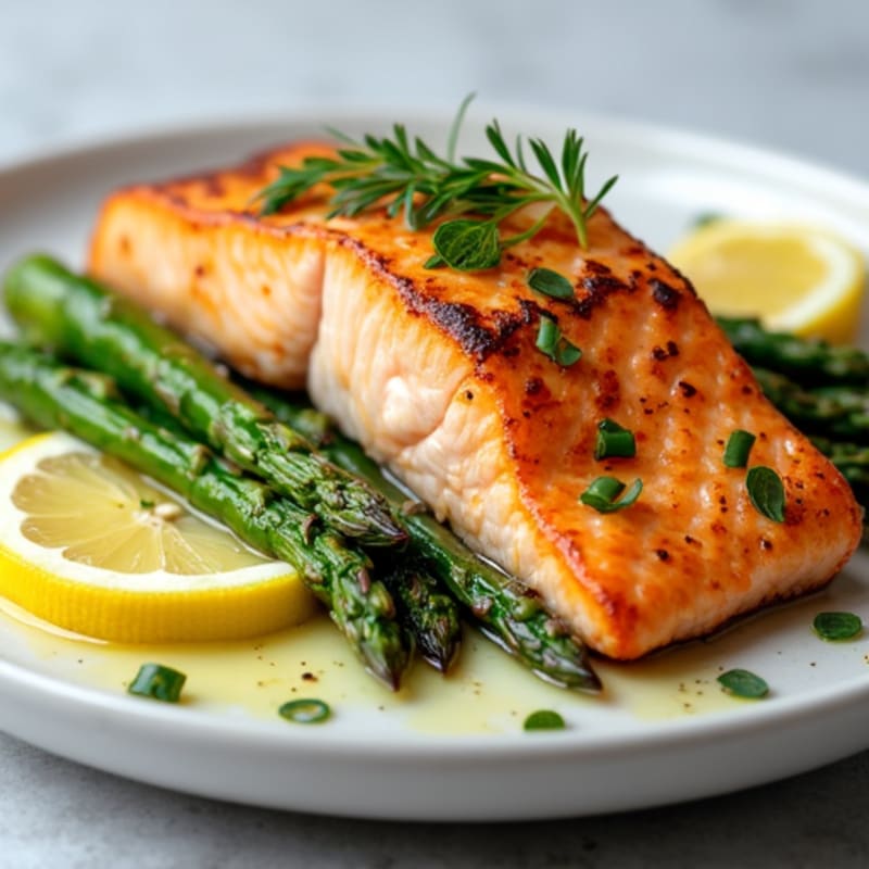 Seared Salmon with Roasted Asparagus and Lemon