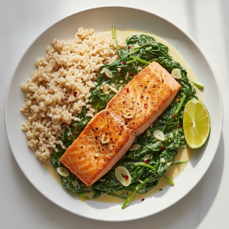 Seared Salmon with Coconut Spinach and Steamed Brown Rice