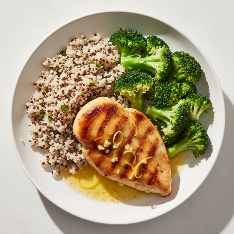 Seared Lemon Garlic Chicken Breast with Steamed Broccoli and Quinoa