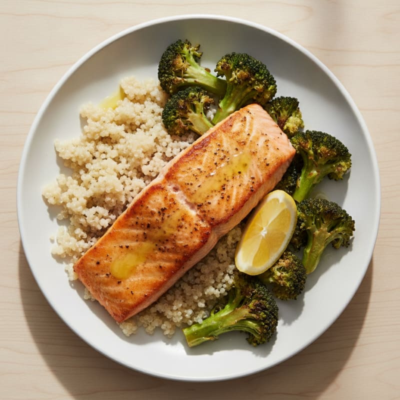 Seared Salmon with Roasted Broccoli and Quinoa