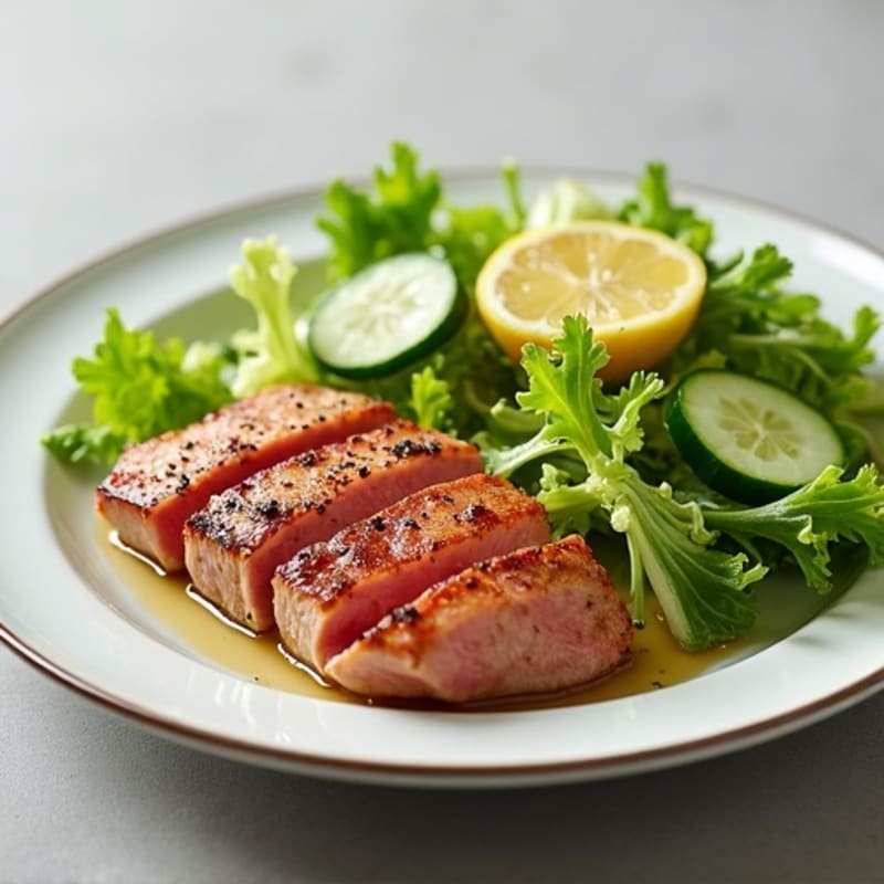 Seared Tuna Steak with Crisp Romaine and Cucumber Salad