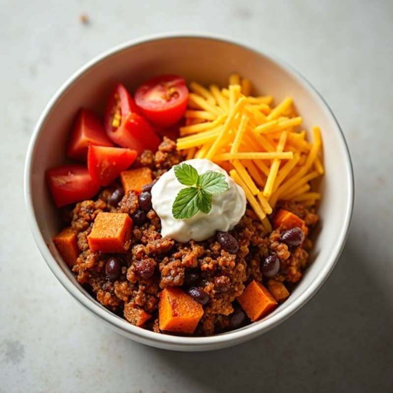 Lean Ground Turkey Chili-Cheese Bowl with Roasted Sweet Potatoes