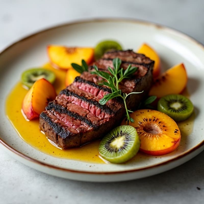 Seared Ribeye Beef with Roasted Peaches and Sautéed Kiwis