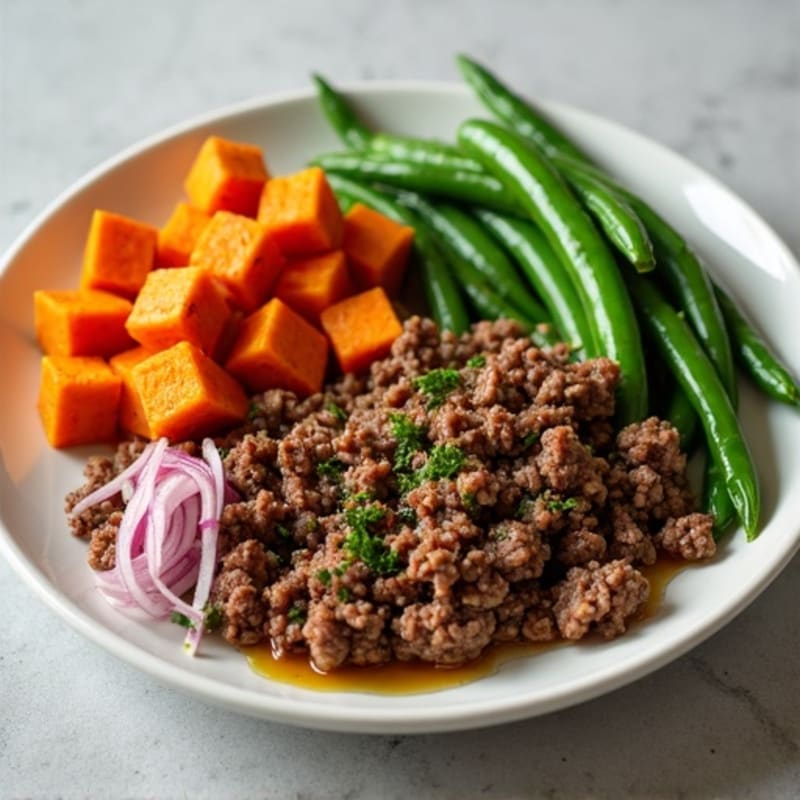 Savory Ground Beef with Crispy Roasted Sweet Potatoes and Green Beans