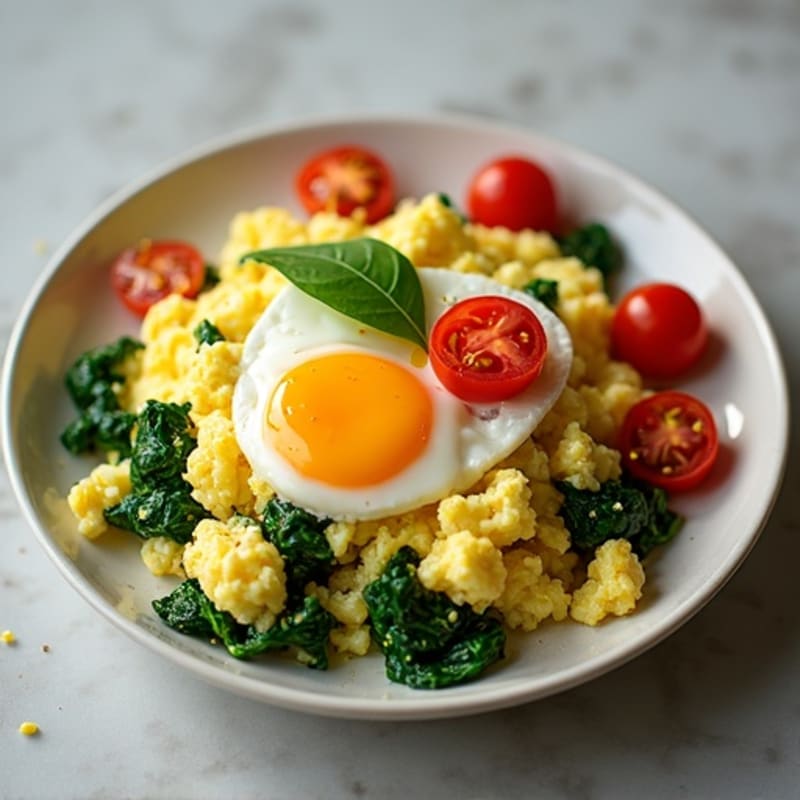 Fluffy Egg Scramble with Fresh Spinach and Cherry Tomatoes