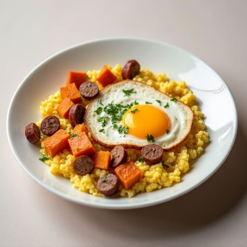 Egg White and Turkey Sausage Scramble with Roasted Sweet Potato