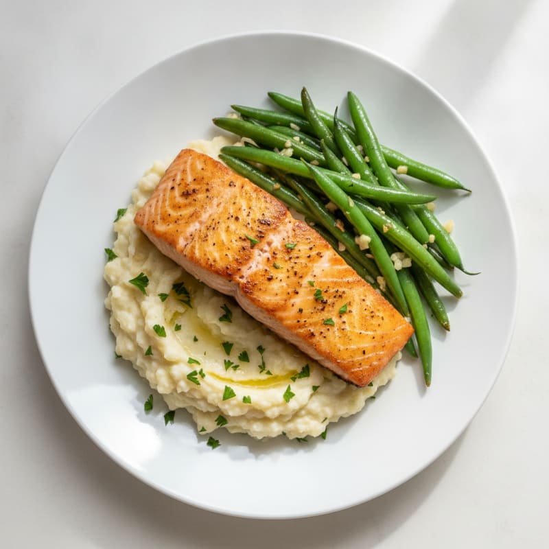Seared Salmon with Garlic Green Beans and Herb-Cauliflower Mash