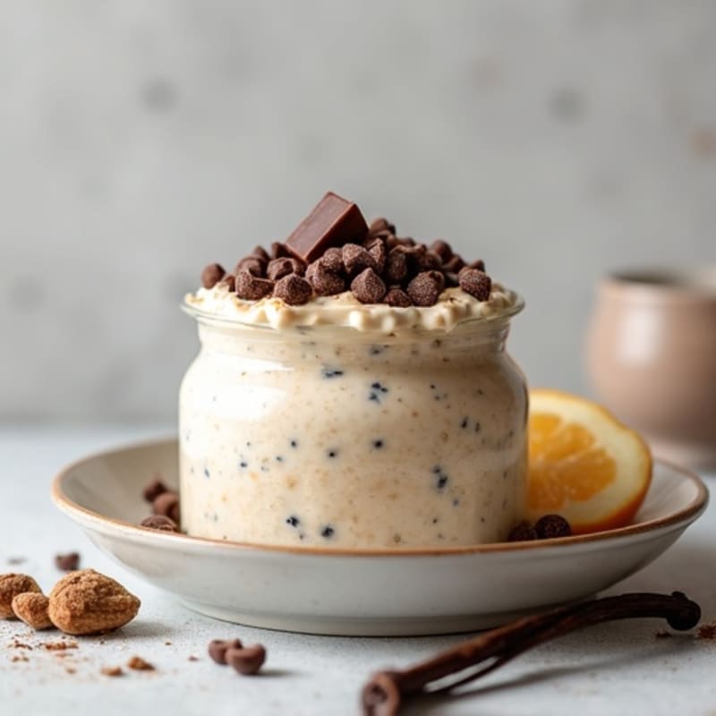 Creamy Vanilla Protein Overnight Oats with Chocolate Topping