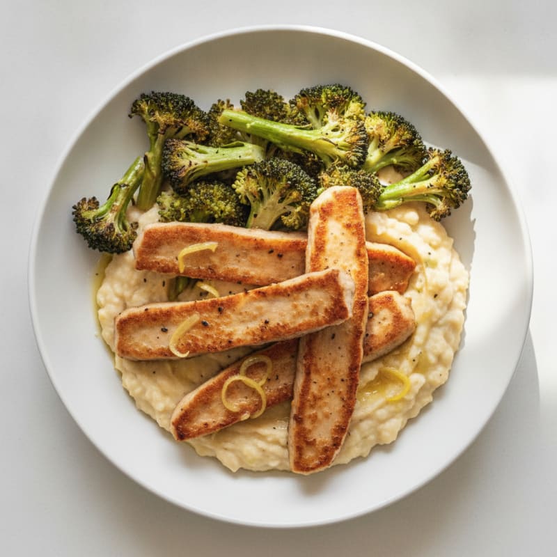 Seared Seitan Strips with Roasted Broccoli and White Bean Mash