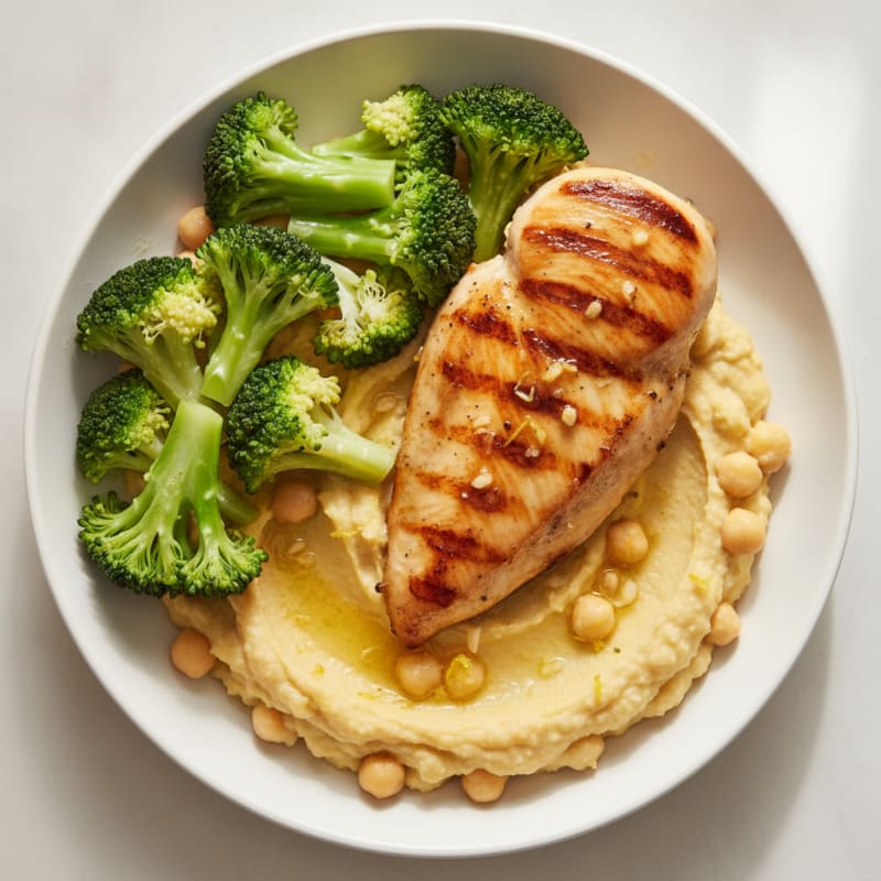 Grilled Chicken Breast with Steamed Broccoli and Chickpea Mash