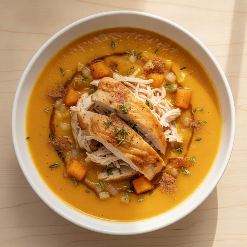 Roasted Butternut Squash Soup with Shredded Chicken