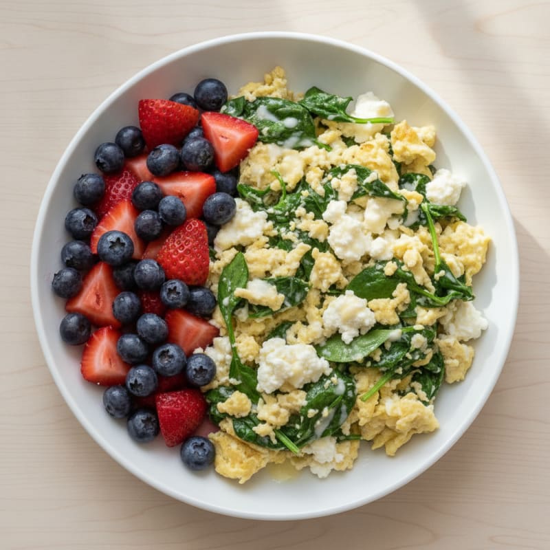 Egg White Spinach Scramble with Cottage Cheese and Fresh Berries