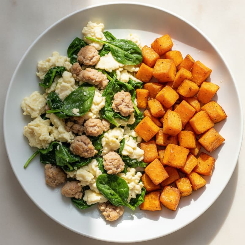 Egg White and Turkey Sausage Scramble with Spinach and Roasted Sweet Potato