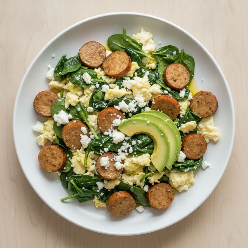 Egg White Spinach Scramble with Chicken Sausage