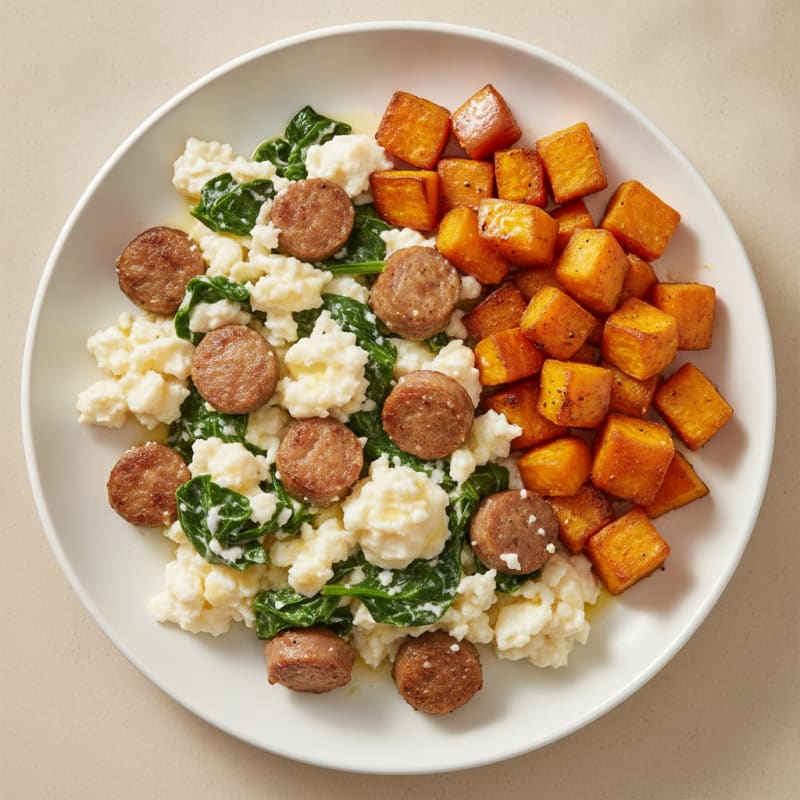 Egg White and Turkey Sausage Scramble with Spinach and Roasted Sweet Potato