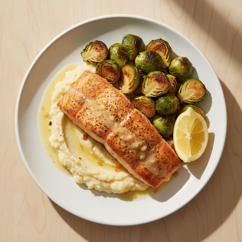Seared Salmon with Roasted Brussels Sprouts and Garlic Mash