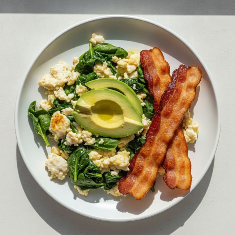 Crispy Turkey Bacon and Egg White Scramble with Sautéed Spinach