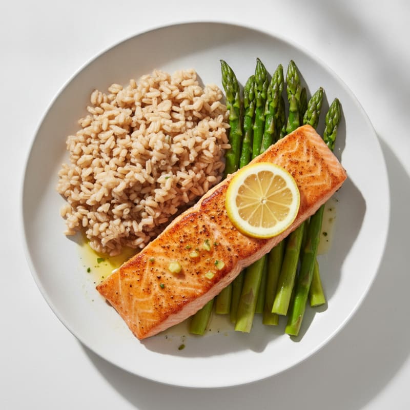Seared Salmon Fillet with Steamed Asparagus and Brown Rice