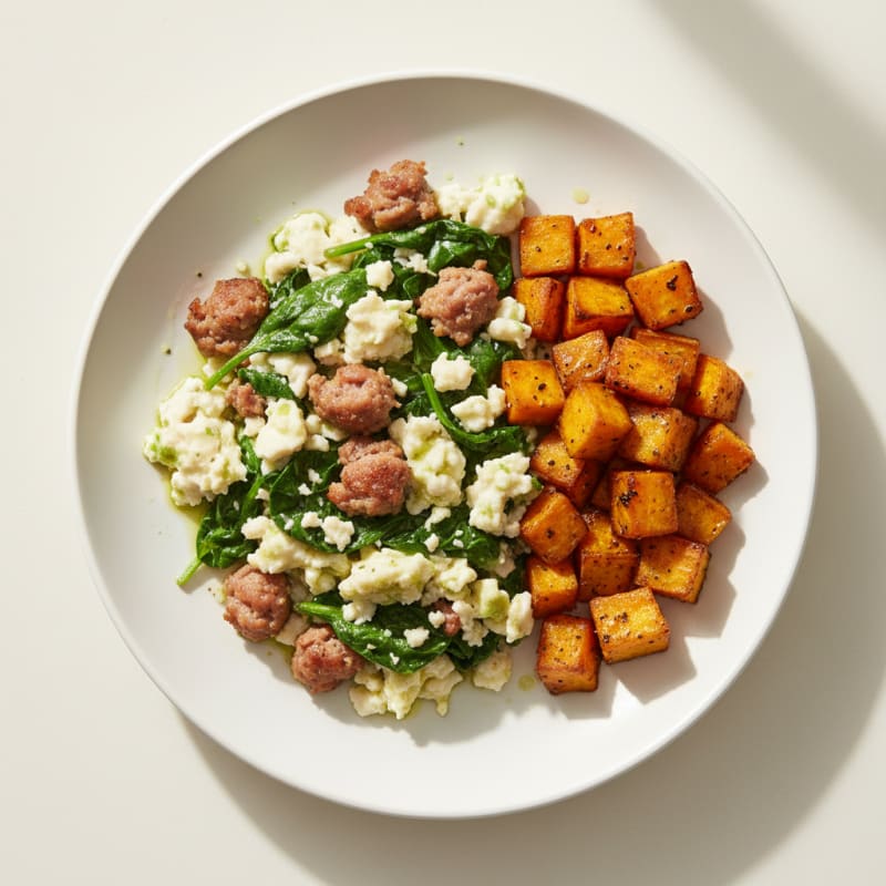 Egg White and Turkey Sausage Scramble with Spinach and Roasted Sweet Potato