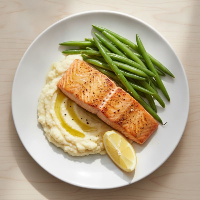 Seared Salmon with Steamed Green Beans and Garlic Mashed Cauliflower