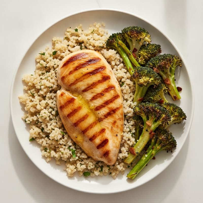 Grilled Lemon-Garlic Chicken Breast with Quinoa and Roasted Broccoli