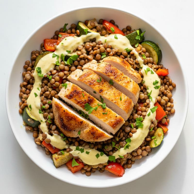 Creamy Lentil and Roasted Vegetable Bowl