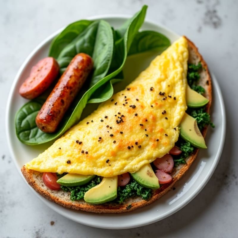 Egg White Spinach Omelet with Turkey Sausage and Avocado Toast